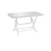 Beyaz plastik masa, metal ayaklar, katlanabilir, 70x120 cm ölçülerinde