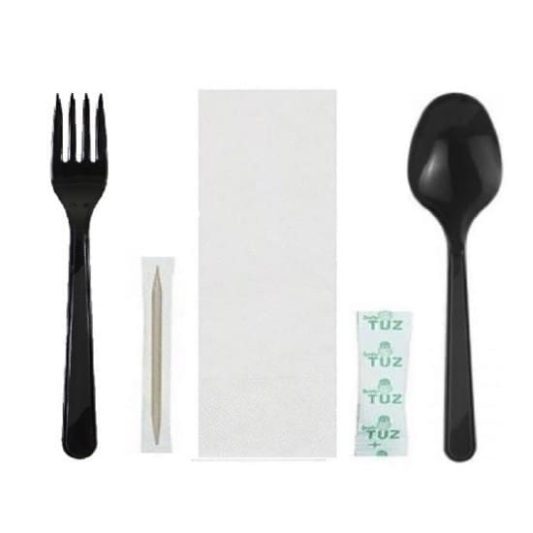 Tekli ambalajlı siyah plastik lüks kullan at kaşık çatal peçeteli kürdanlı 5'li yemek seti