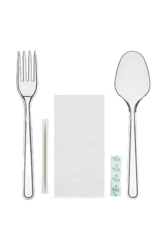Tekli ambalajli plastik luks kullan at kasik catal pecete kurdan tuz 5 li yemek seti